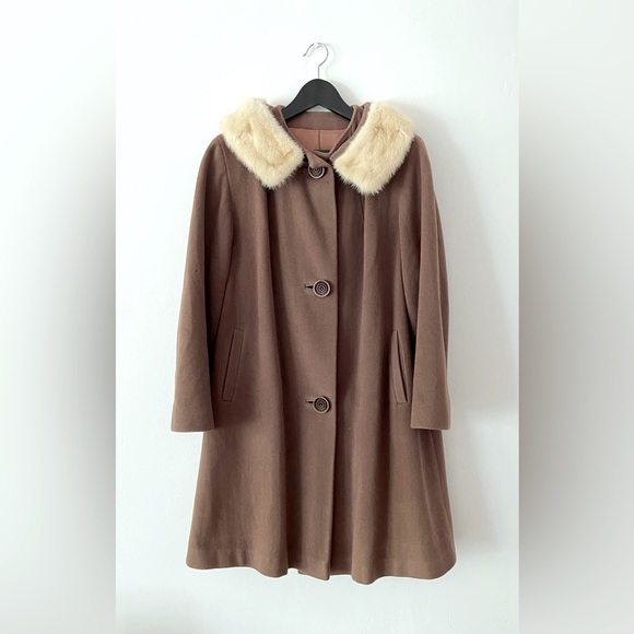 Vintage Taupe Wool Coat with Fur Trim - Picture 1 of 8